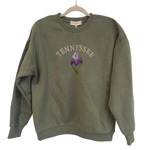 State of Mine Tennessee Embroidered Iris Sweatshirt Olive Green Womens XS New